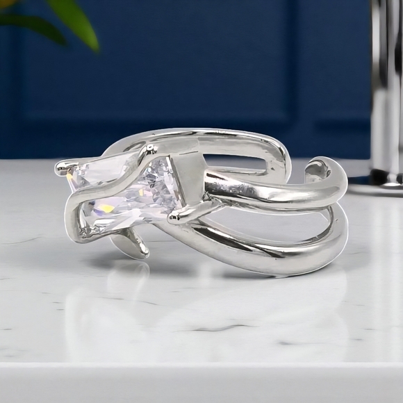 White Gold Baguette Sparkle Ring | 18K Plated Adjustable Dainty Statement - Picture 5 of 13
